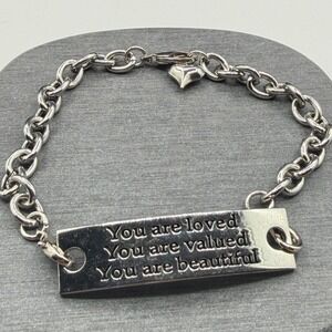 Silver Tone Inspirational Bracelet You Are Loved Valued Beautiful Heart Charm